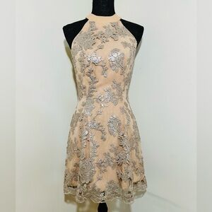 Dress the Population Abbie Champagne Nude Sequin Embroidered Lace Party Dress L